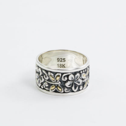 Wide band ring 925 sterling silver and 18K gold with flower ornament and dragonfly