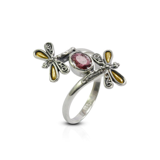 bypass ring 925 sterling silver and 18K gold with tourmaline and filigree dragonfly