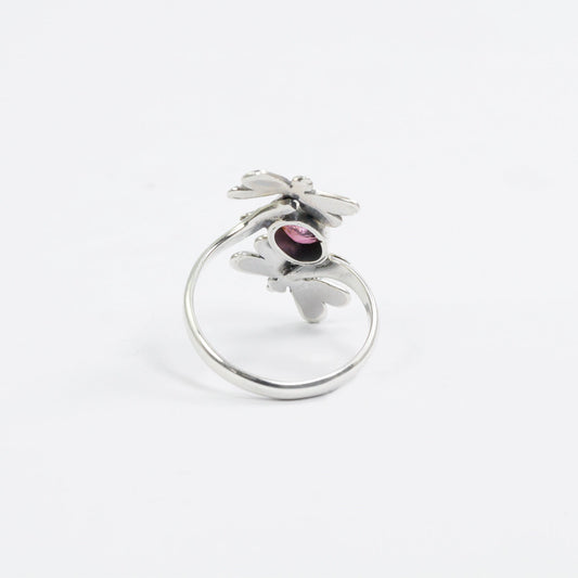 bypass ring 925 sterling silver and 18K gold with tourmaline and filigree dragonfly