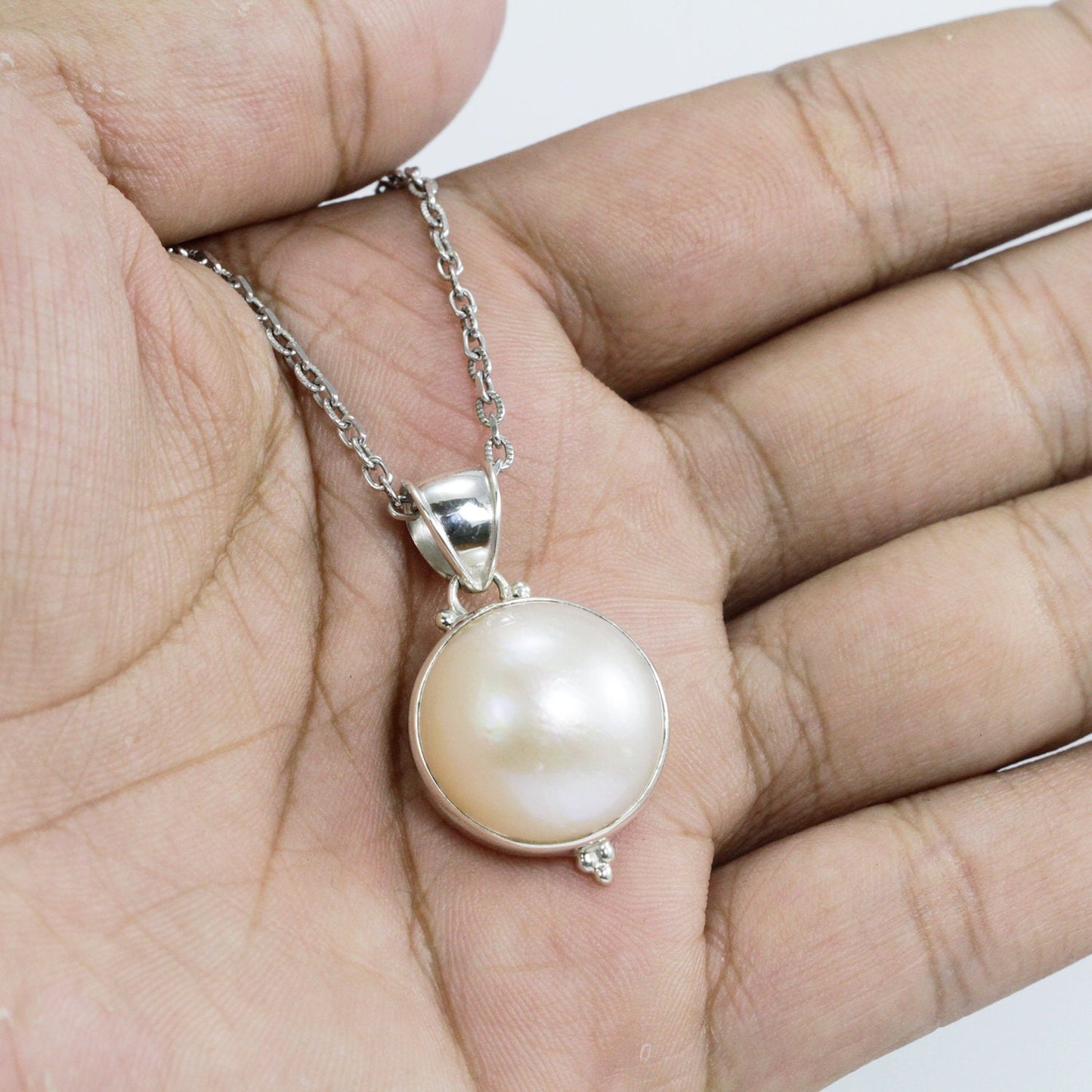 white Mabe pearl pendant 16 mm round 925 sterling silver bezel set