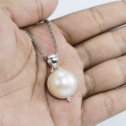 white Mabe pearl pendant 16 mm round 925 sterling silver bezel set