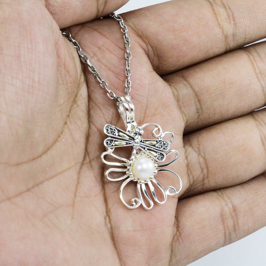 silver flower pendant necklace 925 sterling silver with fresh water pearl decorated with dragonfly two tone 18 K gold