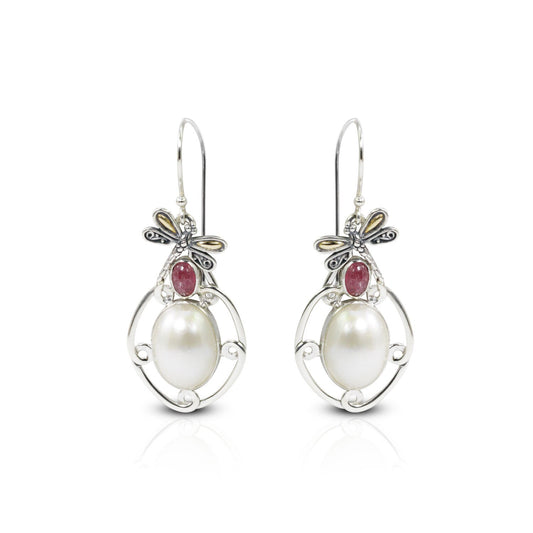 oval pearl earrings 925 sterling silver decorated with dragonfly ornament 18K gold and genuine pink tourmaline