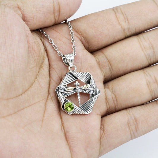 peridot pendant necklace 925 sterling silver decorated with 18K gold dragonfly ornament