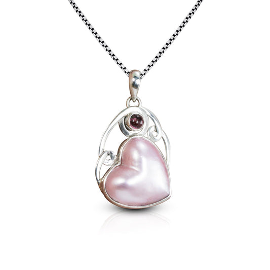 pink mabe pearl Pendant heart shape 925 sterling silver with genuine pink tourmaline