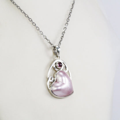 pink mabe pearl Pendant heart shape 925 sterling silver with genuine pink tourmaline