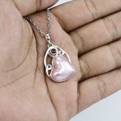 pink mabe pearl Pendant heart shape 925 sterling silver with genuine pink tourmaline