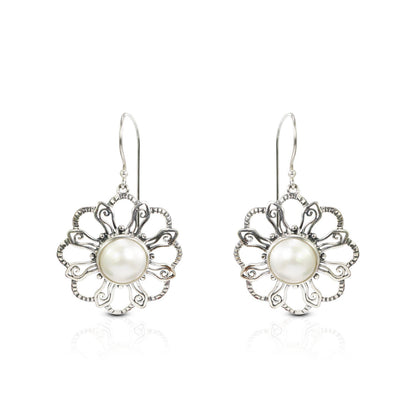 white mabe pearl earrings 925 sterling silver with bloom flower ornament