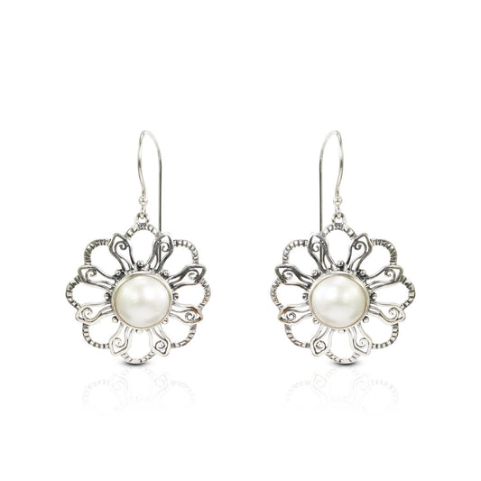 white mabe pearl earrings 925 sterling silver with bloom flower ornament