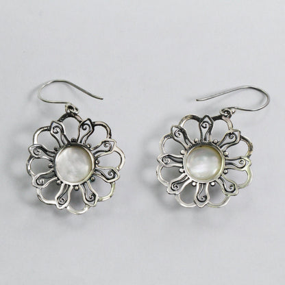 white mabe pearl earrings 925 sterling silver with bloom flower ornament
