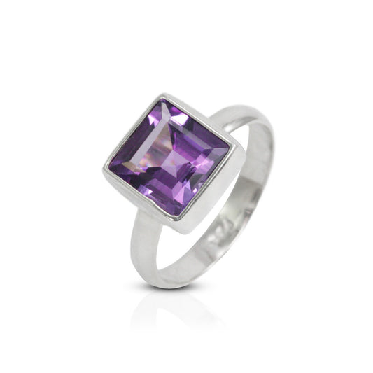 square amethyst ring 925 sterling silver handmade bezel set