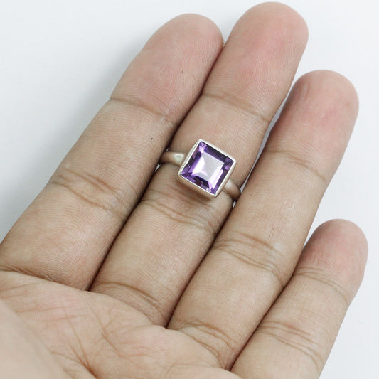 square amethyst ring 925 sterling silver handmade bezel set