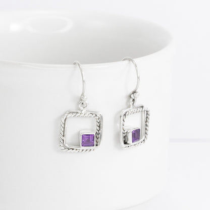 amethyst earrings square 925 sterling silver with rope cable frame