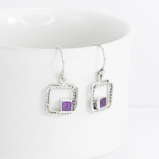 amethyst earrings square 925 sterling silver with rope cable frame