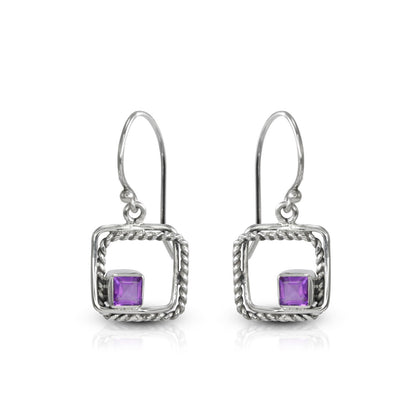 amethyst earrings square 925 sterling silver with rope cable frame