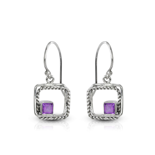 amethyst earrings square 925 sterling silver with rope cable frame