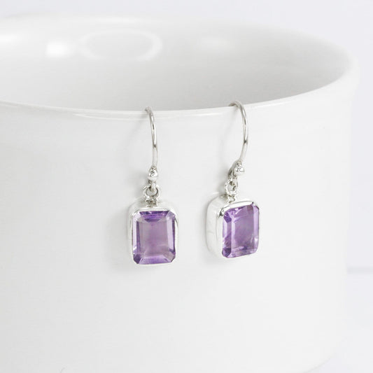 amethyst earrings octagon shape set in 925 sterling silver bezel set