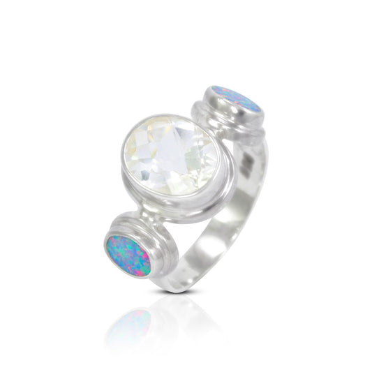 white crystal ring 925 sterling silver with fire opal bezel set, three stone ring