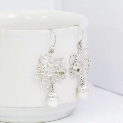 flower earrings 925 sterling silver with genuine green peridot and freshwater pearl drop