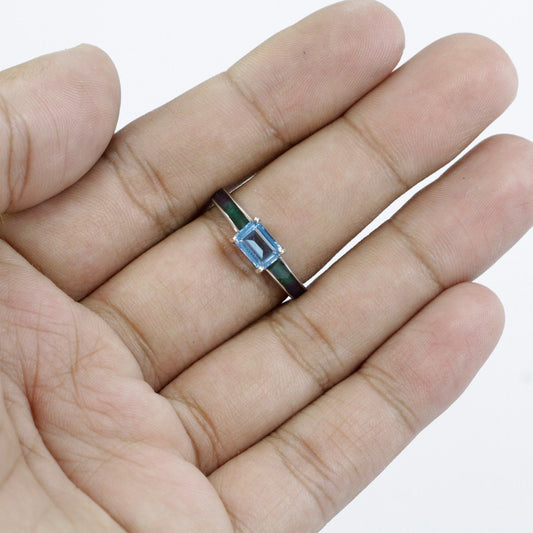 blue topaz ring 925 sterling silver decorated with glass enamel band