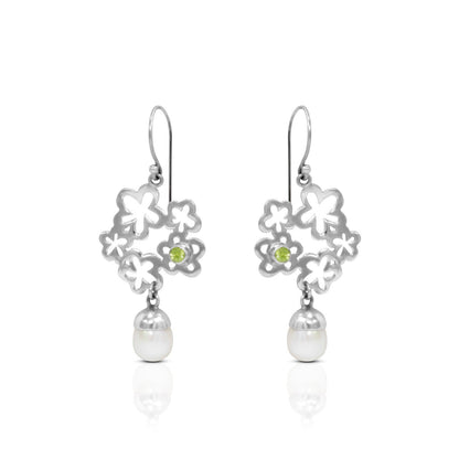 flower earrings 925 sterling silver with genuine green peridot and freshwater pearl drop