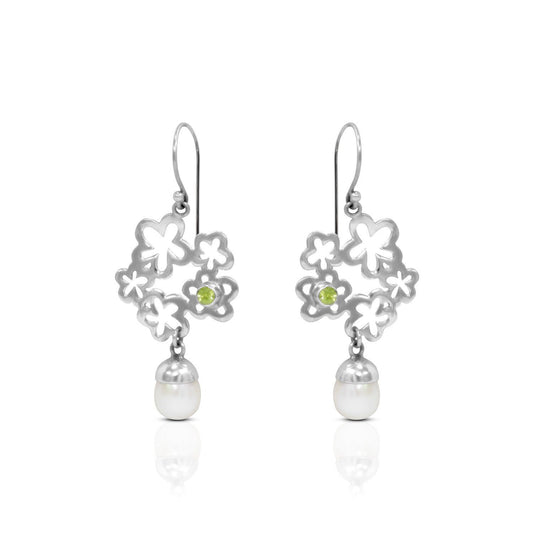 flower earrings 925 sterling silver with genuine green peridot and freshwater pearl drop