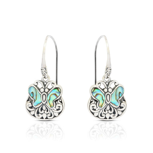 butterfly earrings 925 sterling silver with abalone shell decorated with filigree ornament