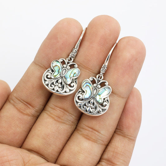 butterfly earrings 925 sterling silver with abalone shell decorated with filigree ornament