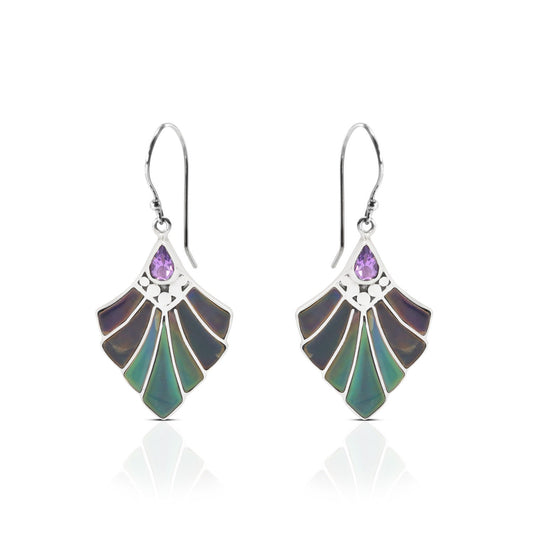 art deco earrings inspired 925 sterling silver with natural amethyst and black shell dangle drop