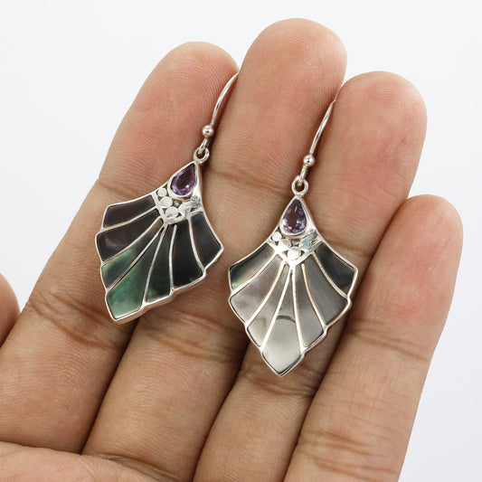 art deco earrings inspired 925 sterling silver with natural amethyst and black shell dangle drop
