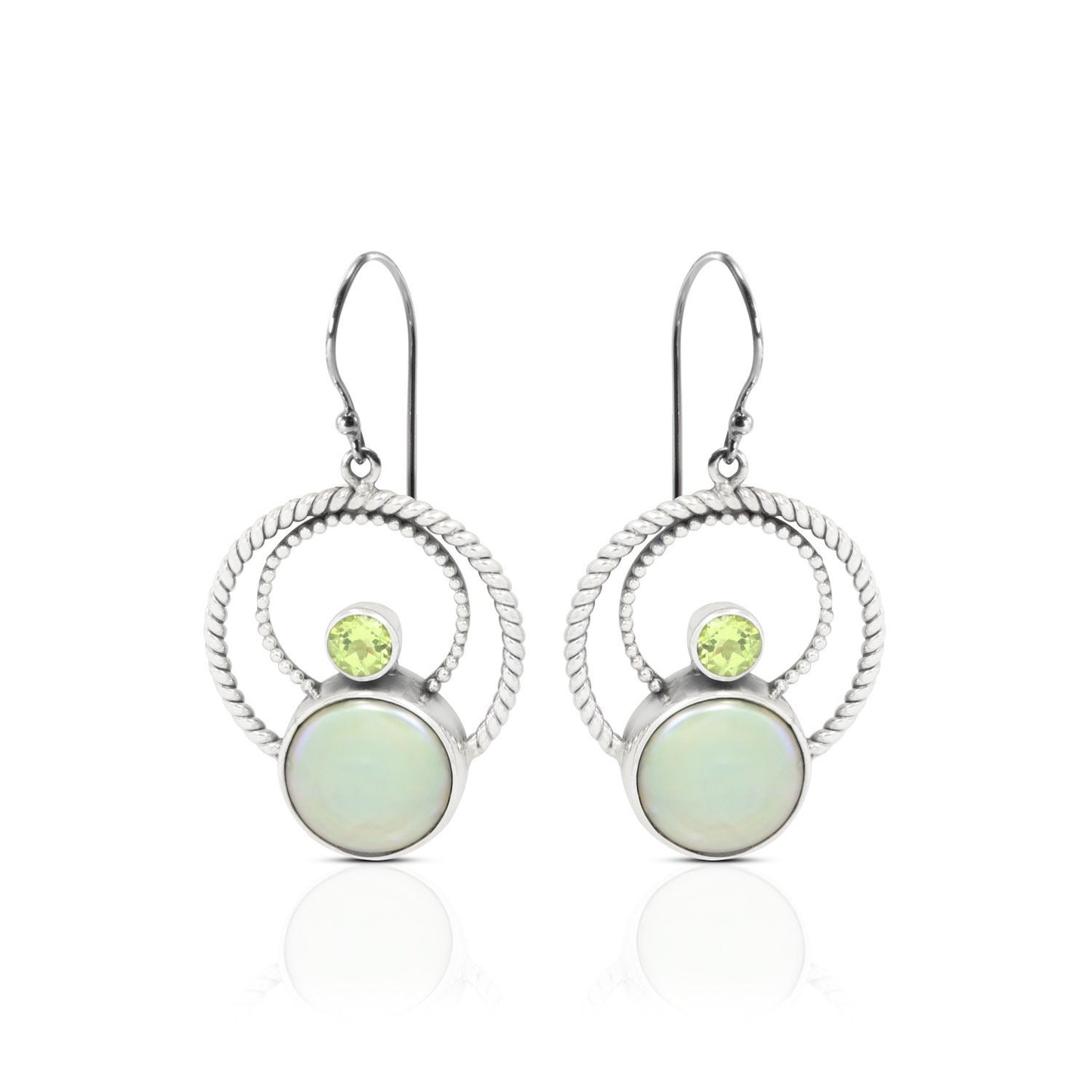 green pearl earrings 925 sterling silver with genuine green peridot decorated with cable rope