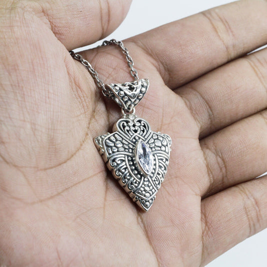 antique pendant 925 sterling silver with genuine white zirconia and Bali inspired filigree ornament