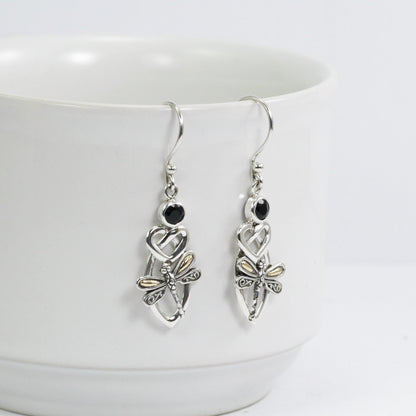 Celtic earrings 925 sterling silver decorated with genuine black onyx , dragonfly ornament and 18K yellow gold
