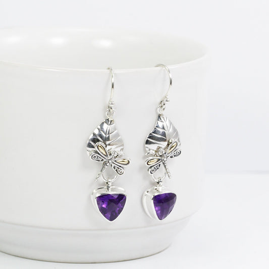 silver leaf earrings dangle 925 sterling silver with genuine African amethyst dragonfly ornament 18K yellow gold