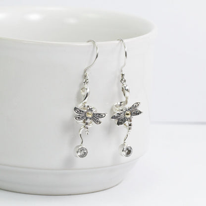 Dragonfly earrings 925 sterling silver with natural white crystal and elegance swirl dangle