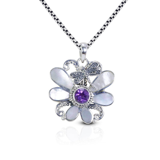 butterfly pendant necklace set in 925 sterling silver with genuine amethyst and white shell decorated with dragonfly ornament