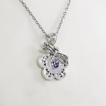 flower pendant necklace set in 925 sterling silver and 18k gold with genuine amethyst decorated with dragonfly ornament