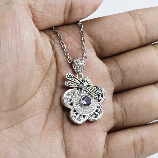 flower pendant necklace set in 925 sterling silver and 18k gold with genuine amethyst decorated with dragonfly ornament