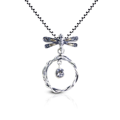 dragonfly pendant necklace 925 sterling silver and 18k gold with genuine white topaz