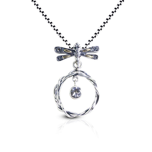 dragonfly pendant necklace 925 sterling silver and 18k gold with genuine white topaz