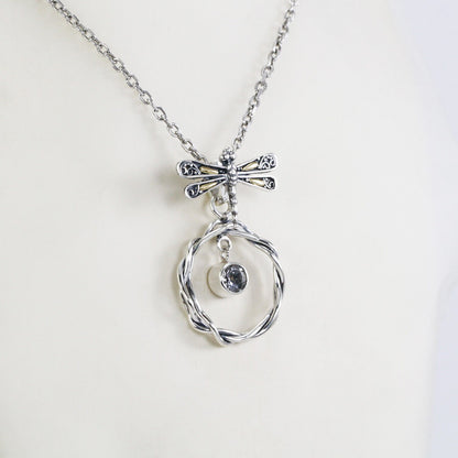 dragonfly pendant necklace 925 sterling silver and 18k gold with genuine white topaz