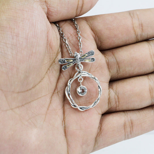 dragonfly pendant necklace 925 sterling silver and 18k gold with genuine white topaz