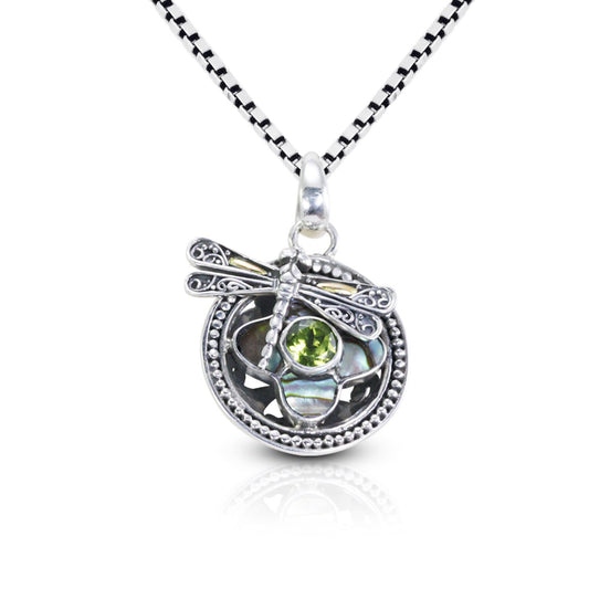 peridot pendant 925 sterling silver and 18K yellow gold decorated with abalone shell and dragonfly ornament