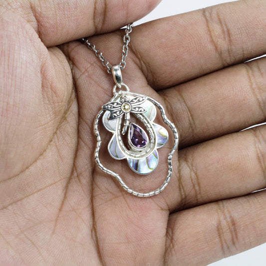 dragonfly on leaf pendant necklace set in 925 sterling silver and 18K gold with genuine amethyst and abalone shell