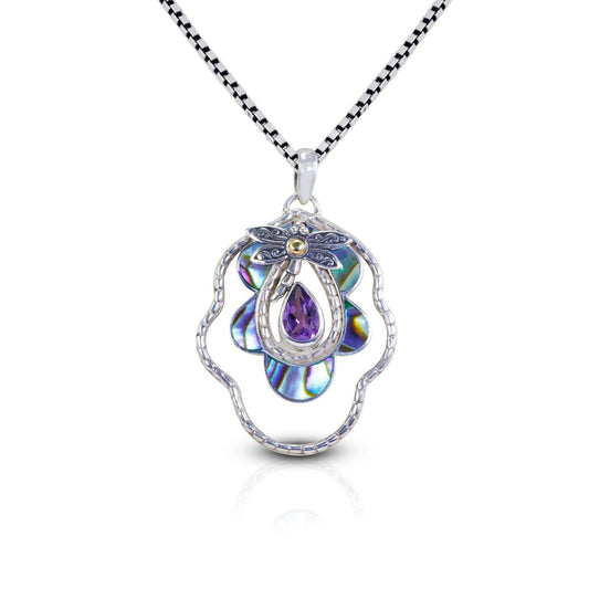 dragonfly on leaf pendant necklace set in 925 sterling silver and 18K gold with genuine amethyst and abalone shell