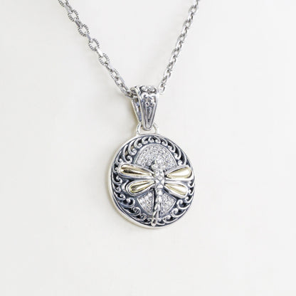 Dragonfly pendant in 925 sterling silver and 18 yellow gold decorated with swirl filigree ornament