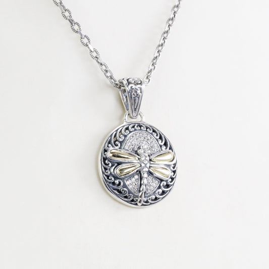 Dragonfly pendant in 925 sterling silver and 18 yellow gold decorated with swirl filigree ornament