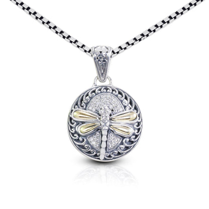 Dragonfly pendant in 925 sterling silver and 18 yellow gold decorated with swirl filigree ornament