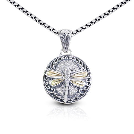 Dragonfly pendant in 925 sterling silver and 18 yellow gold decorated with swirl filigree ornament