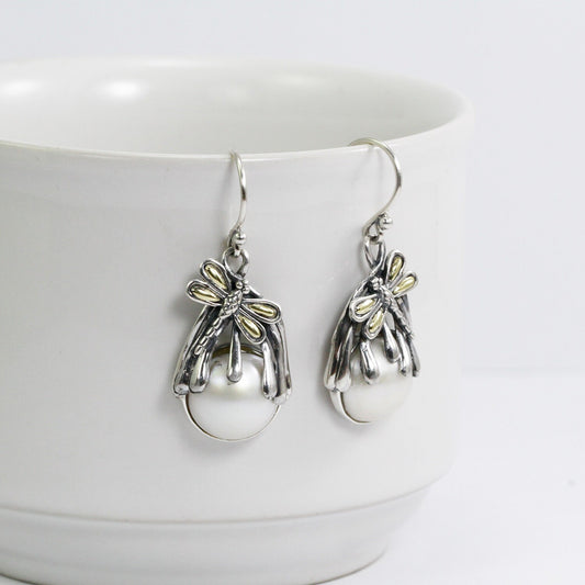 white mabe pearl earrings 925 sterling silver decorated with dragonfly on root filigree ornament